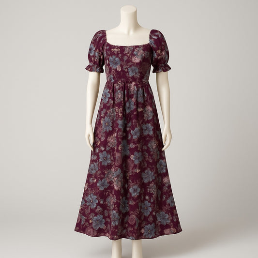 women's dark maroon sundress with puff sleeve