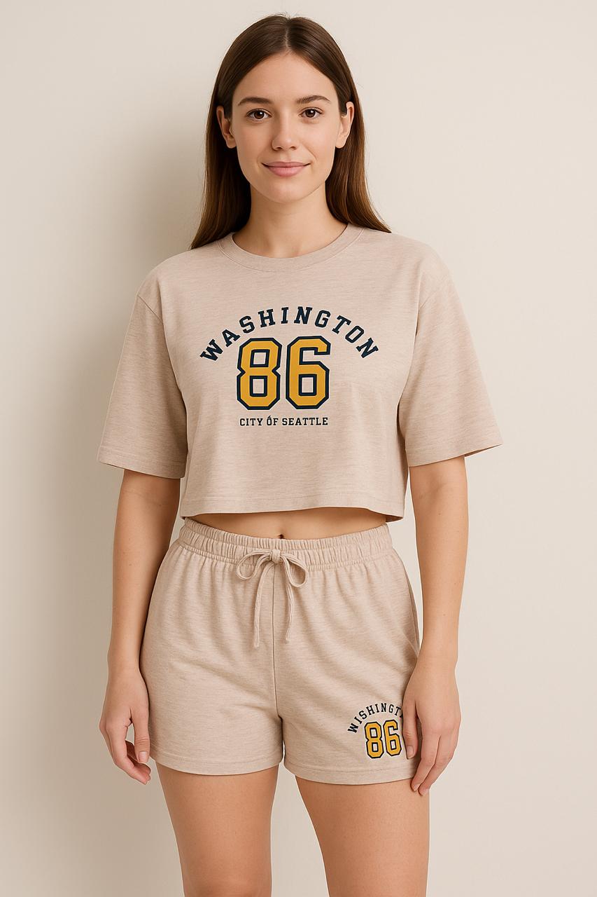 Women's relaxed-fit cream graphic crop-top & shorts co-ord set