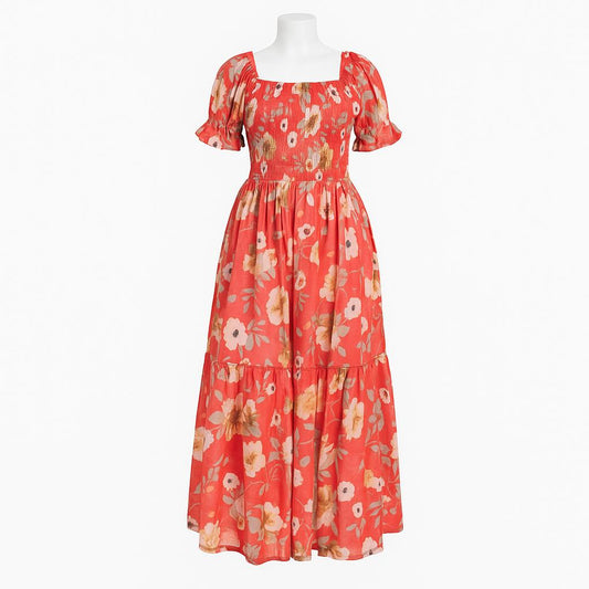 women's red printed sundress with puff sleeve