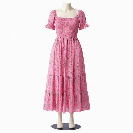 women's pink printed sundress with puff sleeve