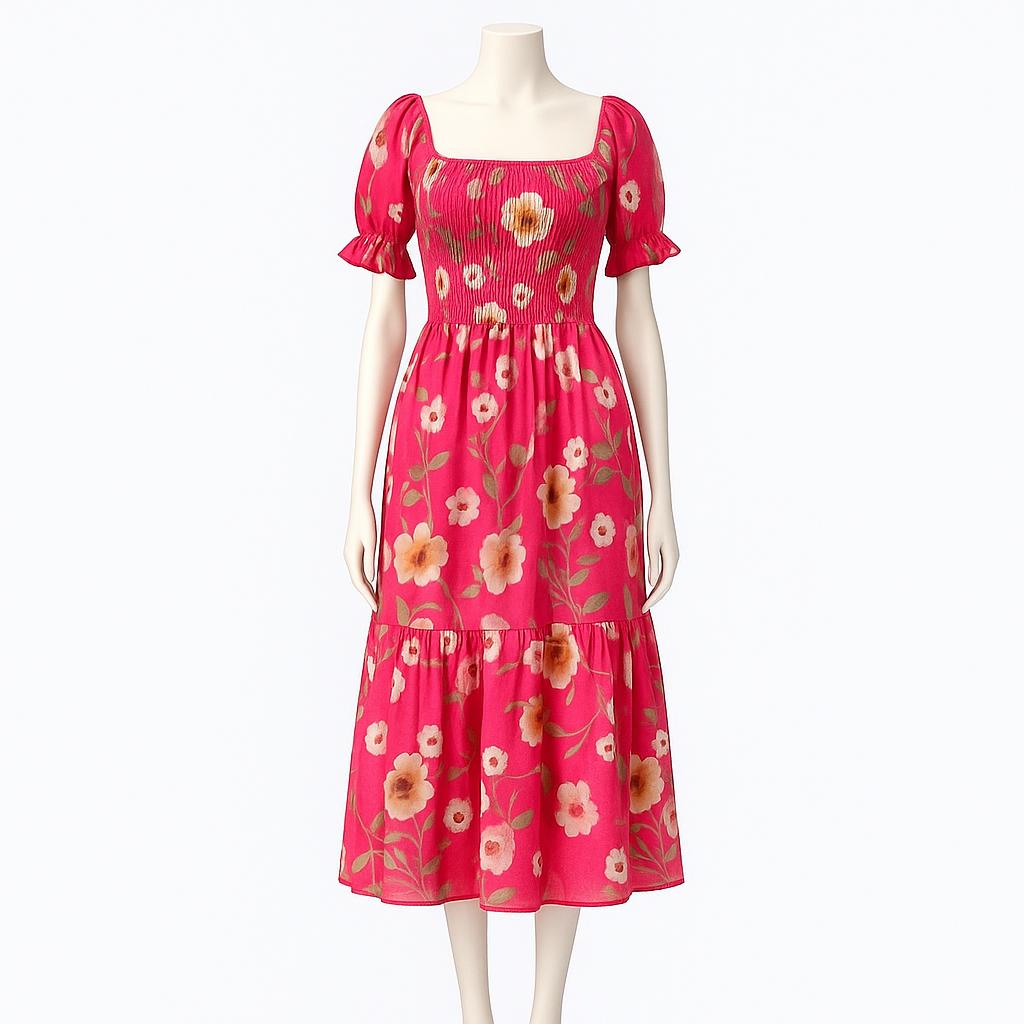 women's deep pink printed sundress with puff sleeve