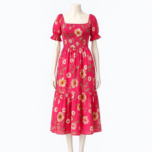 women's deep pink printed sundress with puff sleeve