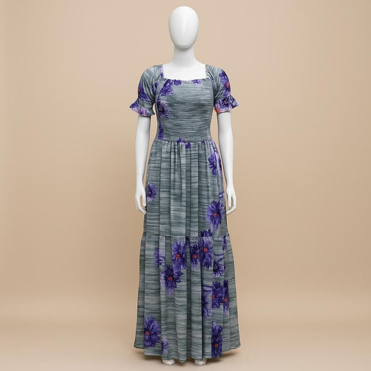 women's grey floral printed sundress with puff sleeve