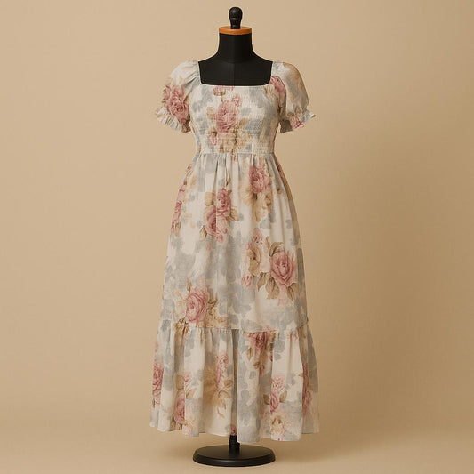 women's white & pink floral printed sundress with puff sleeve