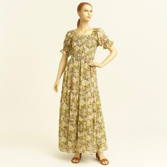 women's white & green floral printed sundress with puff sleeve