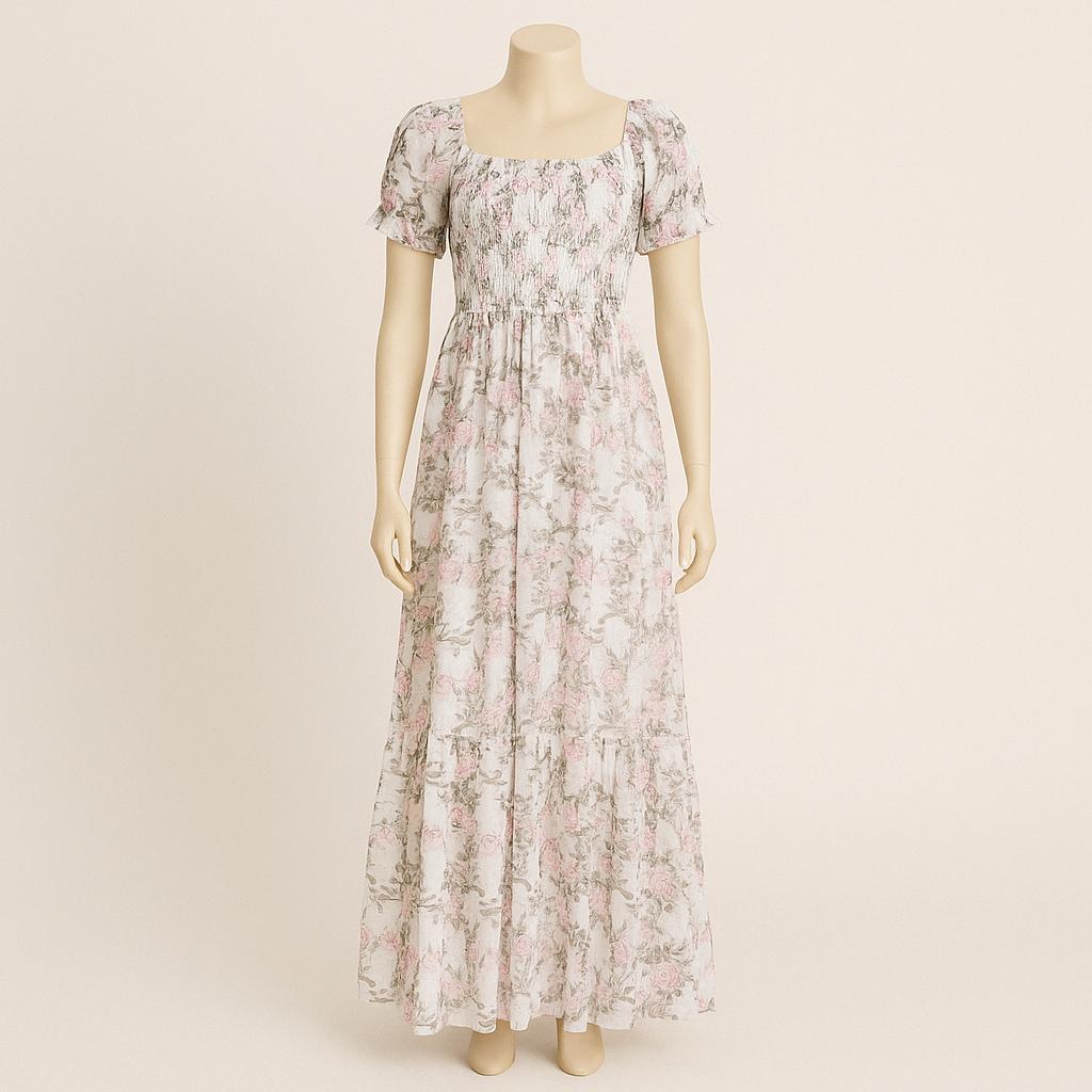 Women's white floral printed sundress with puff sleeve