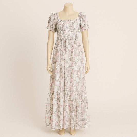 Women's white floral printed sundress with puff sleeve