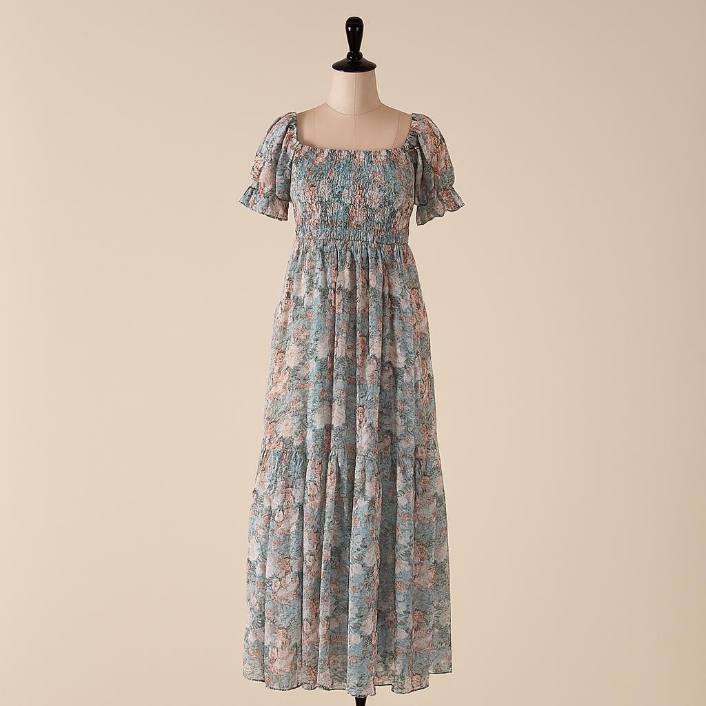 Women's blue & pink floral printed sundress with puff sleeve