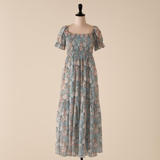Women's blue & pink floral printed sundress with puff sleeve