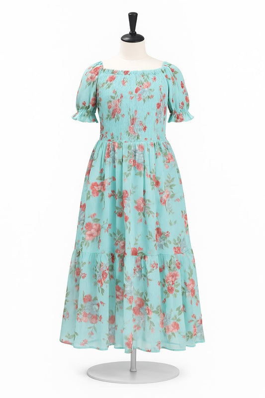 Women's matt blue floral printed sundress with puff sleeve