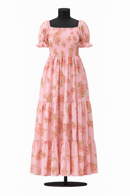 Women's matt pink floral printed sundress with puff sleeve