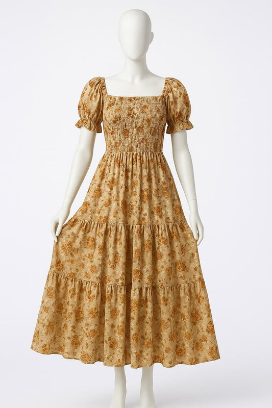 Women's vintage beige printed sundress with puff sleeve