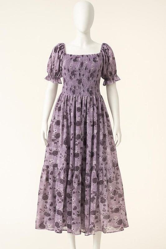 Women's dusty violet printed sundress with puff sleeve