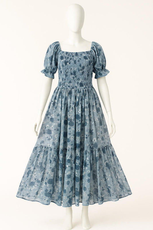 Women's steel blue printed sundress with puff sleeve