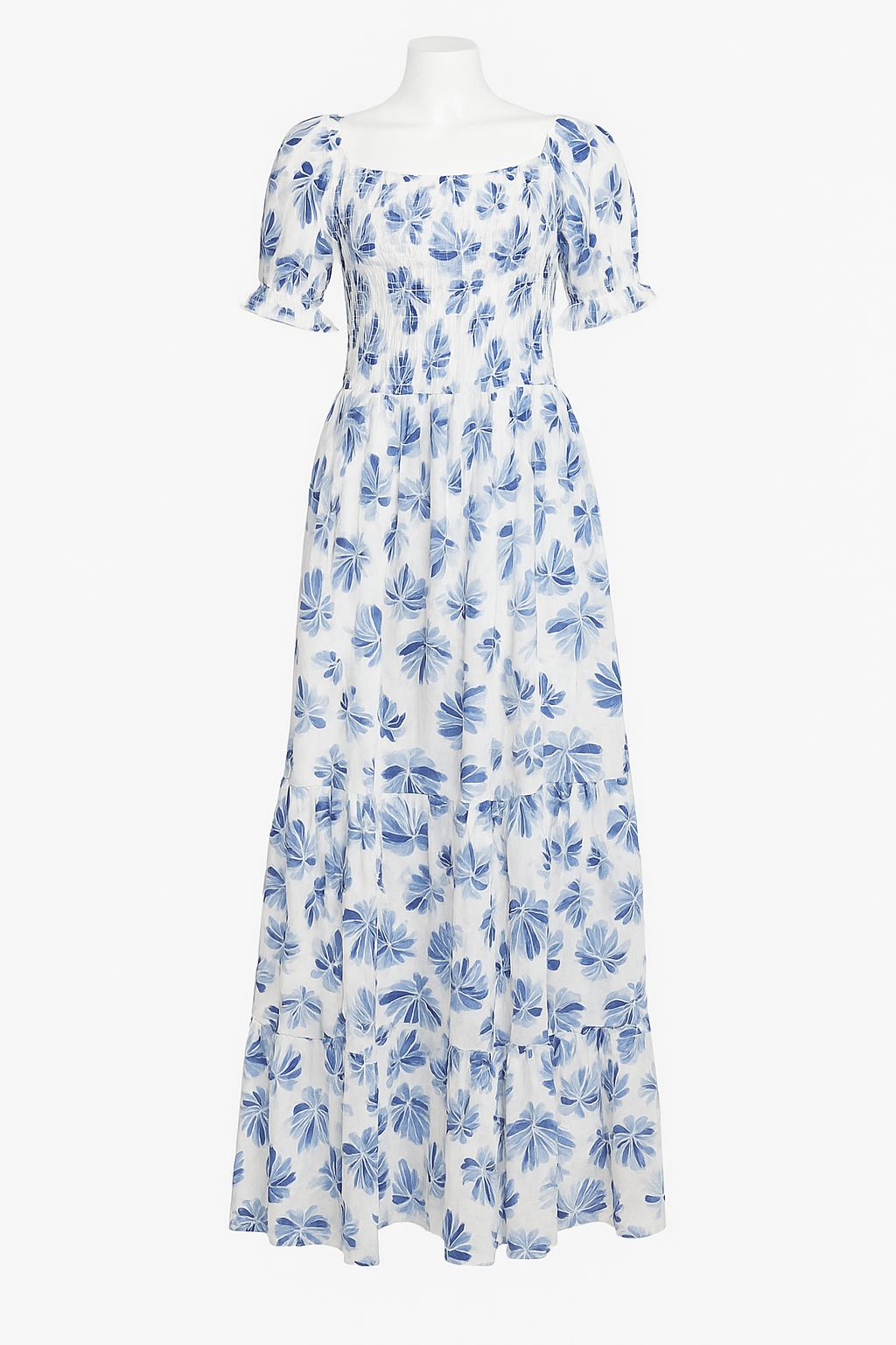 Women's white & blue printed sundress with puff sleeve
