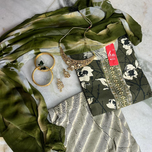 Stylish printed Liva fabric kurta set with embellished yoke & shaded dupatta