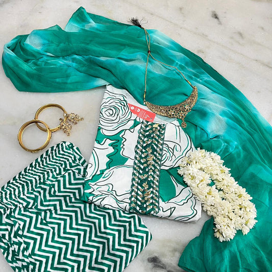 Stylish printed Liva fabric kurta set with embellished yoke & shaded dupatta