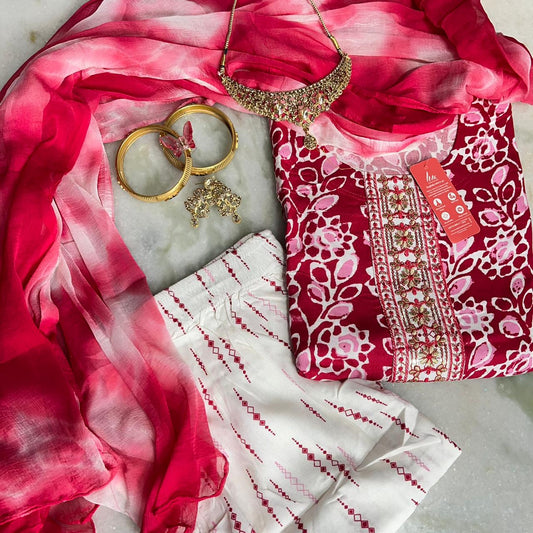 Stylish printed Liva fabric kurta set with embellished yoke & shaded dupatta