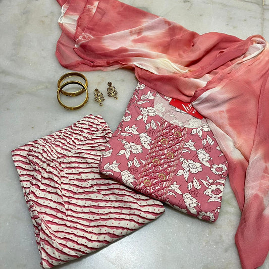 Stylish printed Liva fabric kurta set with embellished yoke & shaded dupatta