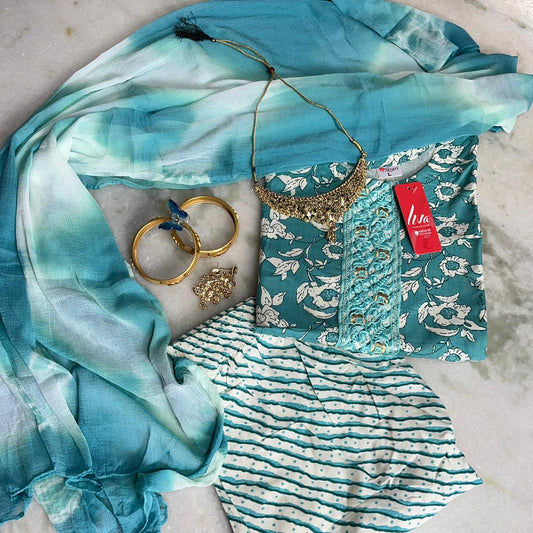 Stylish printed Liva fabric kurta set with embellished yoke & shaded dupatta