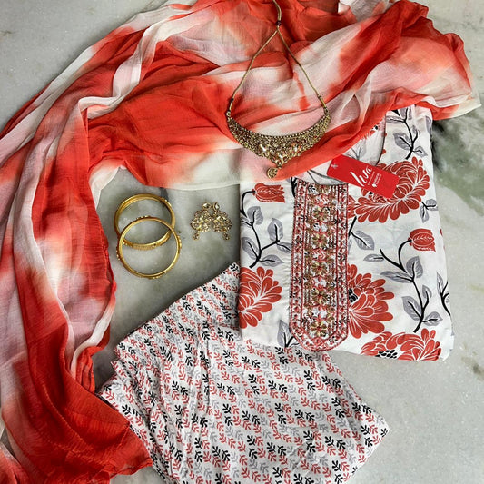 Stylish printed Liva fabric kurta set with Embellished yoke & shaded dupatta