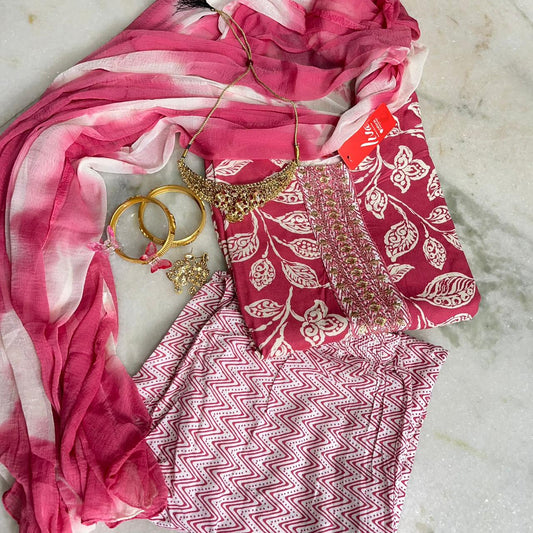 Stylish printed Liva fabric kurta set with embellished yoke & shaded dupatta