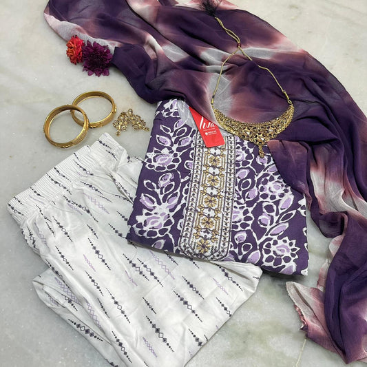Stylish printed Liva fabric kurta set with embellished yoke & shaded dupatta