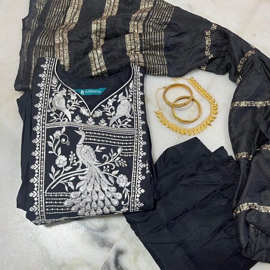 Black silk umbrella-cut peacock embroidered kurti set with dupatta & pants