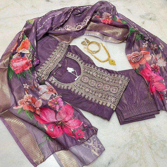 Lavender shiny silk embroidered kurti set with floral printed dupatta & pants