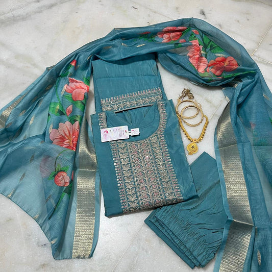 Matt blue shiny silk embroidered kurti set with floral printed dupatta & pants