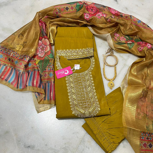 Mustard gold shiny silk embroidered kurti set with floral printed dupatta & pants