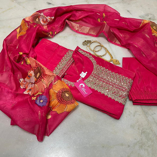 Royal Pink shiny silk embroidered kurti set with floral printed dupatta & pants