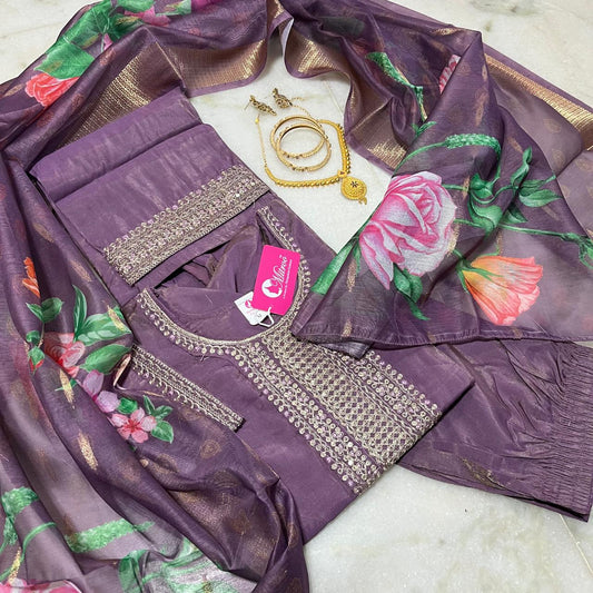 Mauve shiny silk embroidered kurti set with floral printed dupatta & pants