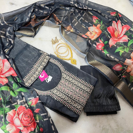 Charcoal grey shiny silk embroidered kurti set with floral printed dupatta & pants