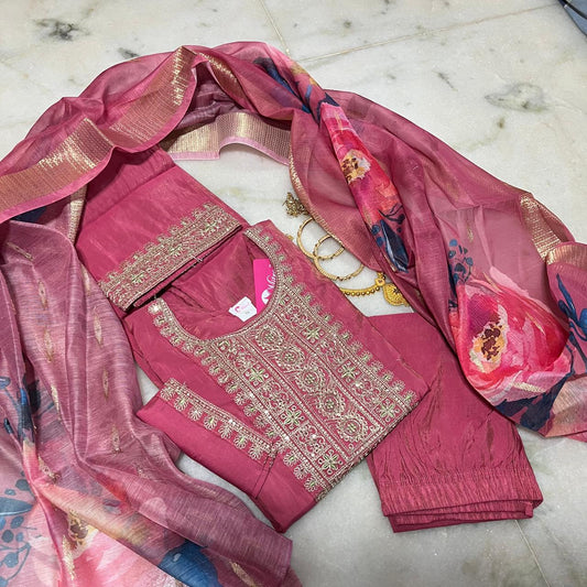Dusty rose shiny silk embroidered kurti set with floral printed dupatta & pants