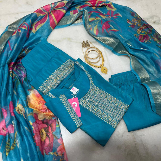 Sky blue shiny silk embroidered kurti set with floral printed dupatta & pants