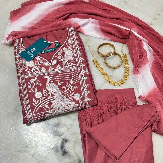 Maroon silk umbrella-cut peacock embroidered kurti set with dupatta & pants