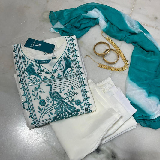 White silk umbrella-cut peacock embroidered kurti set with dupatta and pants