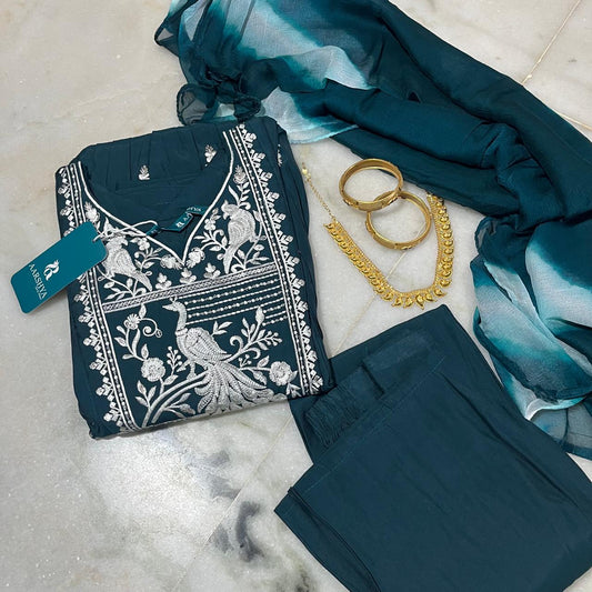 Dark teal shiny silk umbrella-cut with heavy peacock embroidered kurti set with printed dupatta & pants