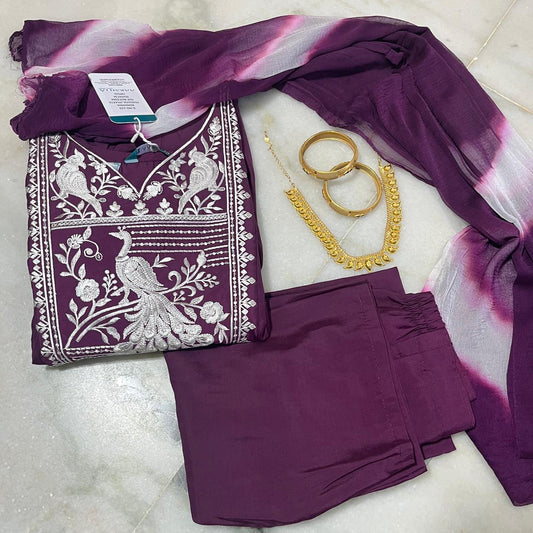 Plum silk umbrella-cut peacock embroidered kurti set with dupatta & pants