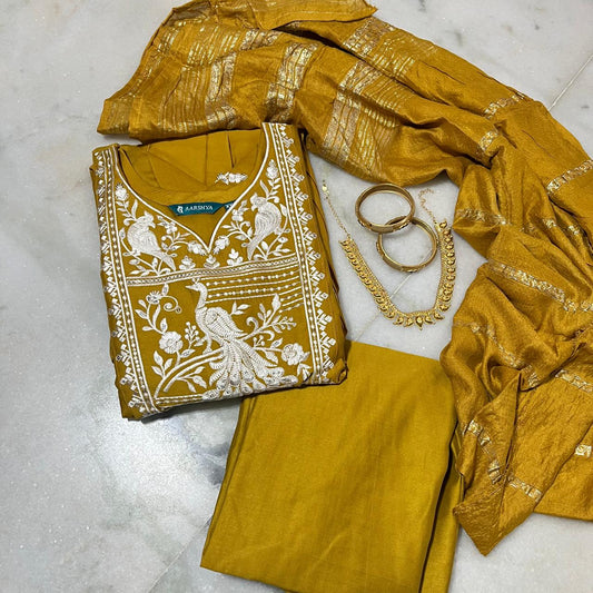 Mustard gold shiny umbrella-cut peacock embroidered kurti set with printed dupatta and pants