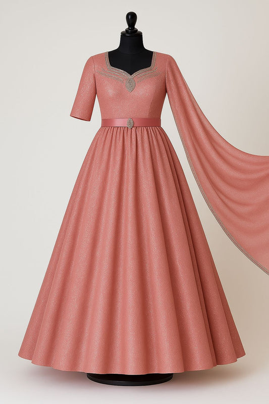 Peach anarkali gown with embroidered bodice , dupatta & pant