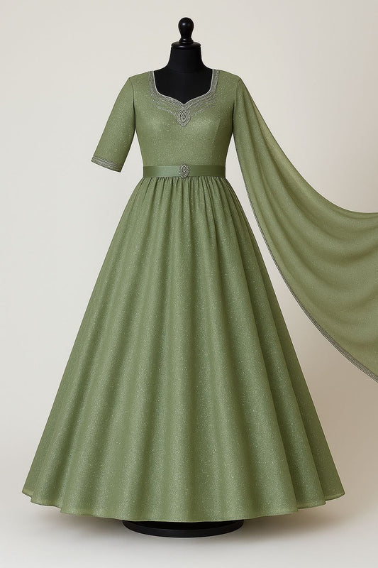 Sage green anarkali gown with embroidered bodice , dupatta & pant