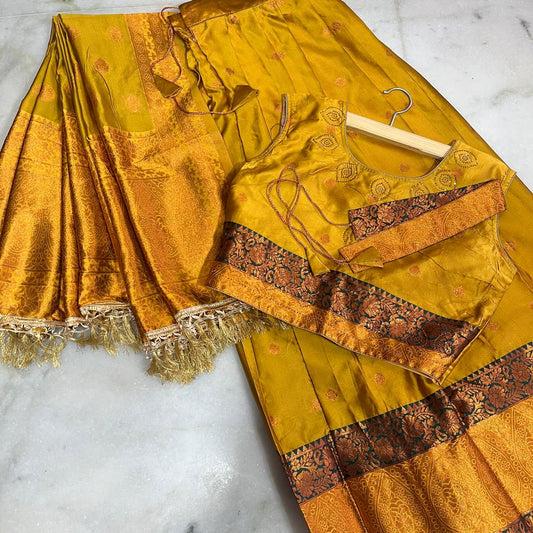 Traditional Mustard Gold , zari woven silk lehenga , choli , dupatta & belt set