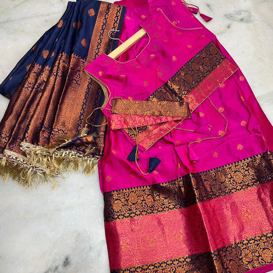 Traditional royal pink and navy blue lehenga choli with rich zari woven borders and belt