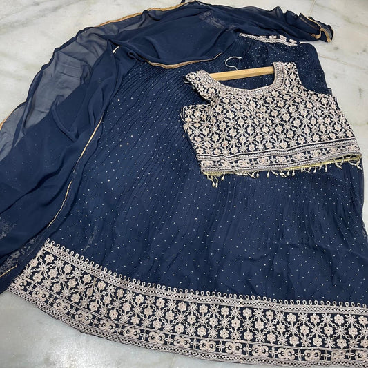 Navy blue embroidered lehenga choli with dupatta