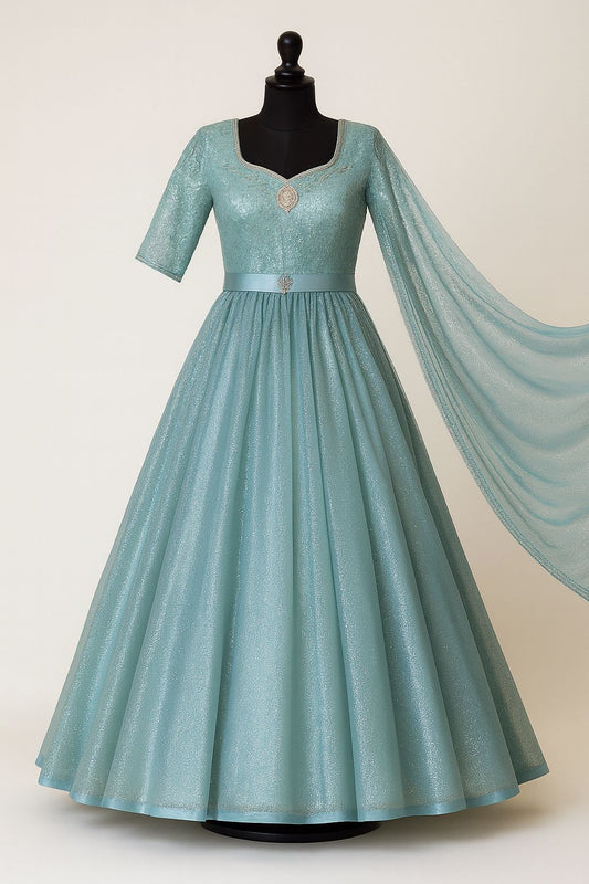 Sky blue anarkali gown with embroidered bodice , dupatta & pants