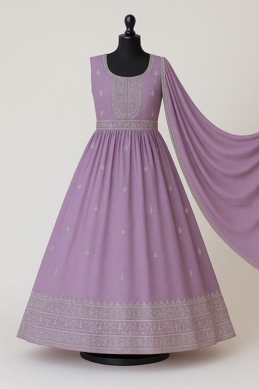 Lavender embroidered silk anarkali suit with dupatta & pants