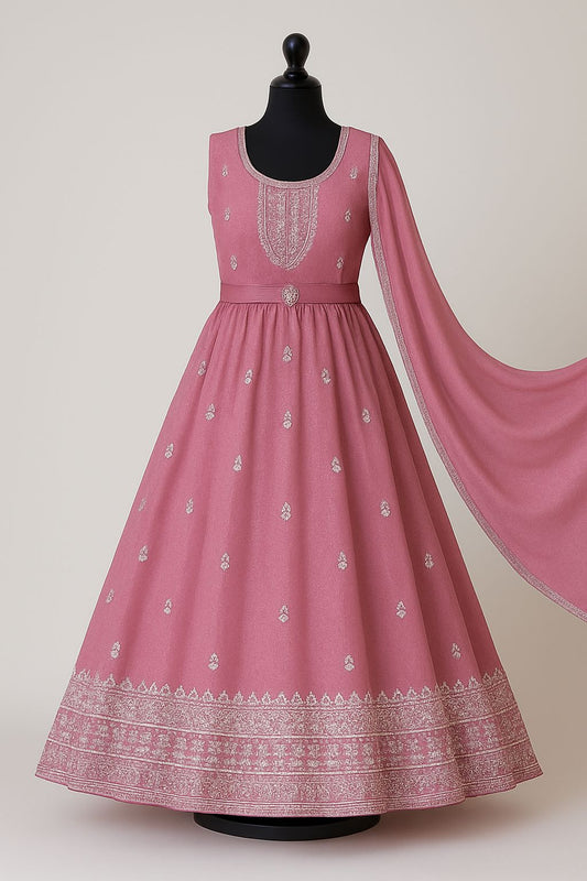 Rose pink embroidered silk anarkali suit with dupatta & pant