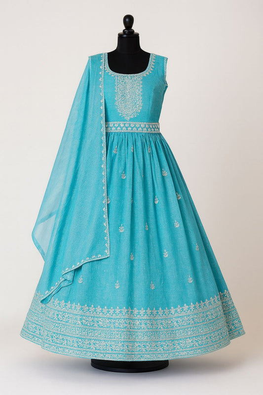Aqua blue embroidered silk anarkali suit with dupatta & pant